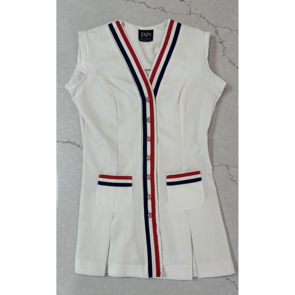 Vtg 70s Zazie London Mod Tennis Dress White Pleated Mini Red Blue XS S 17" P2P - Picture 3 of 11